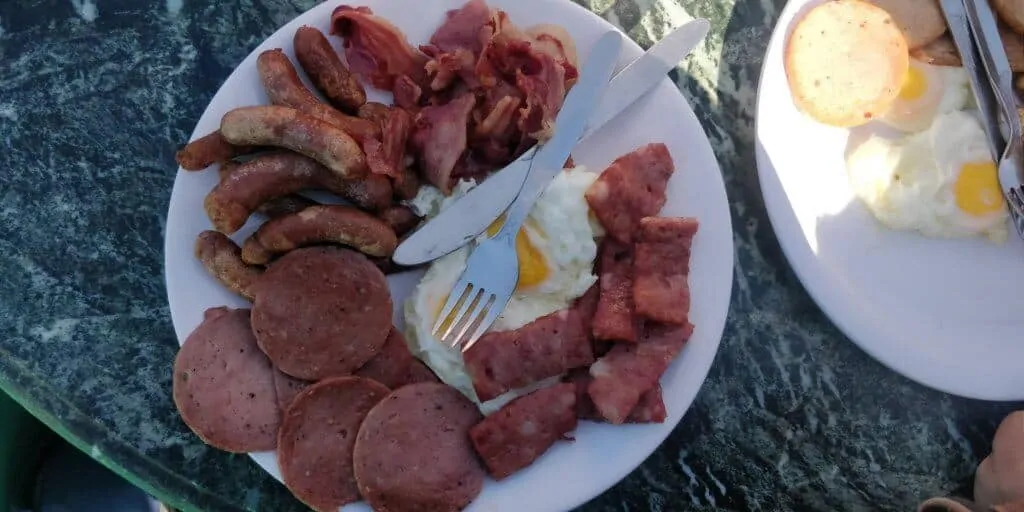 Sausage, Beacon, Ham, Salami, Eggs fried at Keventars Darjeeling
